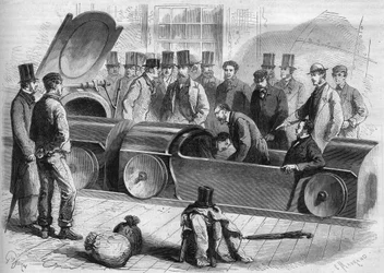 イギリス 1865年ロンドン空気鉄道。バッキンガム公爵と会社のメンバー数名が、空気の旅を始めた。1865年のエングレーヴィング。