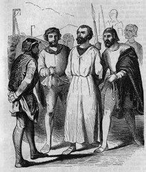 1315年、拷問のために行進するベル王フィリップ4世の侍従長兼大臣のエンゲラン・ド・マリニー。19世紀のエングレーヴィング。