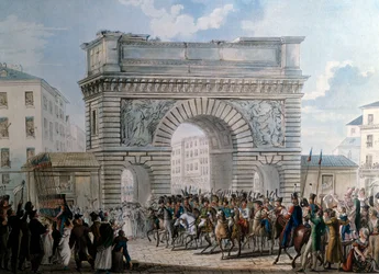 1814年3月31日、パリのサン・マルタン門からの同盟国の入場 ルイ18世（1755-1824）の行進。1814年のプリント。パリ、カルナヴァレ美術館