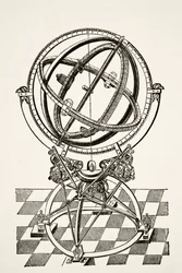 Anéis ou Círculos Equatoriais, após gravura em cobre no livro Tychonis Brahe Astronomiae Instauratae Mechanica de 1602, de Ciência e Literatura na Idade Média pelo pub Paul Lacroix. Londres 1878