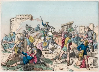 カロリング王朝のエウデス（オドン）（860-898）は、ノルマン人との戦いを指揮し、パリを勝利に導いた（885-887） - ノルマン人との戦いにおけるエウデス（860-898） - 「Nos Gires Nationales - Images et reci」に掲載されている19世紀末のエングレーヴィング。