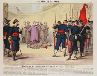 1871年のパリのコミューン期間中のパリの大司教モンセニョールダーボイの処刑（カラー彫刻）
