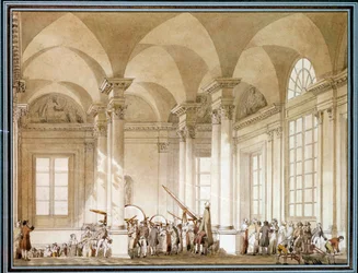 天体望遠鏡と光学機器の展示 18世紀の水彩画。パリ、ルーヴル美術館