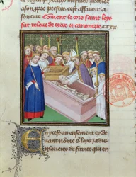 Les Grandes Chroniques de Franceからの1297年の聖ルイ（1215-70）の発掘と正典化