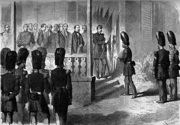 メキシコ遠征（1861年～1867年）：ナポレオン3世（1808年～1873年）が、メキシコでフランス軍が奪った旗を、衛兵連隊の軍曹に渡す