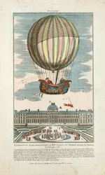 MMのエアロスタティック・グローブを体験。1783年12月1日、チュイルリー公園でのシャルルとロベールの写真（Pub.1783年（手彩色のエングレービング