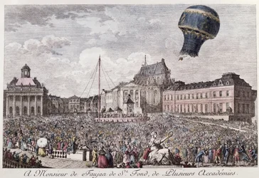 １７８３年９月１９日、ヴェルサイユで行われたモンゴルフィエ兄弟の熱気球モンゴルフィエールによる雄鶏、アヒル、羊の飛行実験