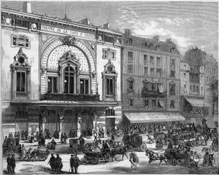 1873年に再建されたパリの劇場「ポルト・サン・マルタン」の外観。1873年9月6日付「Le Monde Illustré」856号に掲載された図版。