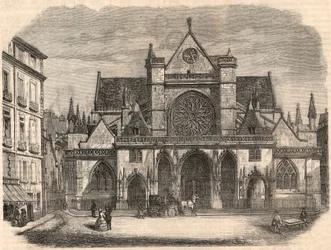 パリのサンジェルマン教会の外観 - Edmond Texier 1852年の "Tableau-de-Paris "のエングレーヴィング。