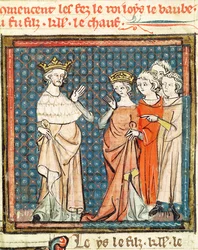 F.180rルイ2世の結婚（846-79）アクロテーヌの女王、グランドクロニクスドフランス1375-79のスタウルメラーとフリウルのアデレード