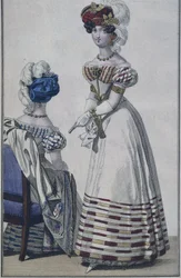 ファッションプレート、パリ、ルプティクーリエデダムのイラスト、1820年頃（カラー彫刻）