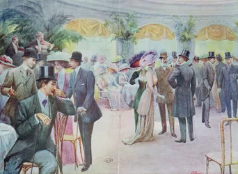 社会の集まりを描いたファッションプレート、1908年