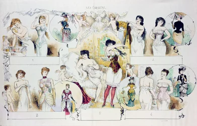コルセットを描いたラヴィパリジェンヌのファッションプレート、1870年頃（カラー彫刻）