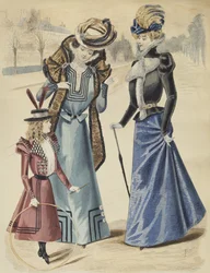 大通りのファッションプレート、ラヌーヴェルモードのイラスト、1897年（カラー彫刻）