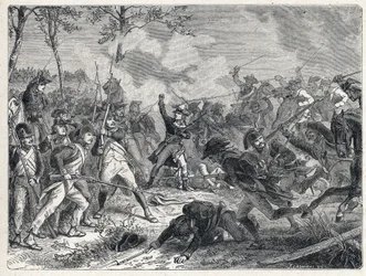 初の連立。ラザロ・ニコラ・マルグリット・カルノー（1753-1823）は、1793年10月16日、オーストリア軍に対抗するフランス軍とのワティニェスの戦いの中で