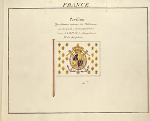 Pavillons des Puissances Maritimesのドーフィンとドーフィン、ルイアントワーヌ、マリーテレーズの旗、1815〜30年頃（カラー彫刻）