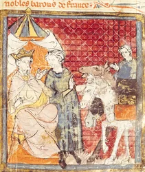 Fol。133r Roland Bidding Farewell to Charlemagne（742-814）、Grandes Chroniques de France、1375-79