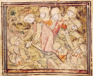 Fol.136vシャルルマーニュ（742-814）がグランドクロニクドフランスからローランドデッドを発見した方法1375-79