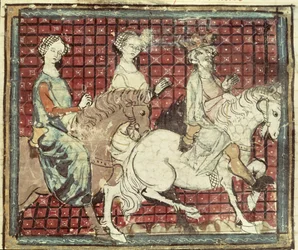Fol.31r Chilperic I（543-97）およびFredegonde on Horseback、Grandes Chroniques de France、1375-79