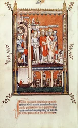 Fr 2092 f.37v Vis de St. Denisから1317年に聖デニスと彼の仲間に他の殉教者の遺体を見せているシシンニウス