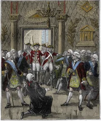 1745年6月、パリのホテル・ド・ソワソンで行われたフランコ・マコネリー（Franc-Maconnerie）：フランコ・マコンの儀式は警視総監の到着によって中断されている。Paris a travers les siecles", Gourdon de Kenouillac 1880に掲載されたエングレーヴィング。.