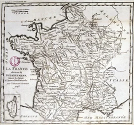 1793年の国民議会の法令に従って84県に分割されたフランス