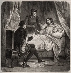 病床のシャトーブリアン伯爵夫人フランソワーズ・ド・フォワ（1495年頃-1537年）が、フランソワ1世の付き人であるクレマン・デ・マレッツ・ディット・マロ（1496年-1544年）を迎える。アンリ・ド・コック（1819-1892）の「Histoire Des Cocus Celebres」に掲載されている1871年のエングレーヴィング。