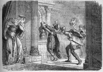 ネウストリア王妃フレデグンド（約545-597年）は、584年にキルペリク1世（539-584）を暗殺させた。Th.-F. ドブレー博士著『古代から現代までの世界のあらゆる民族における売春と放蕩の歴史』所収の版画。1879年。