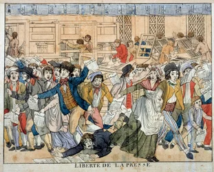 フランス革命期の報道の自由：人権宣言第10条（1789年8月26日）。オピニオンの自由を定めた第10条は、あらゆる種類の報道のアナキズムの誕生につながる。18世紀の版画
