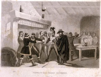 フリーメイソンリー：1821年、ポトクにおける刈り手兄弟団の誓い。F.-T. B. クラヴェル著『フリーメイソンリーと古代および近代の秘密結社の絵画史』より。出版社パニェール。1843年。