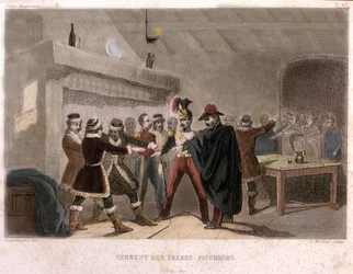フリーメイソンリー: 1821年、Potokにおける刈り手の兄弟たちの誓い。F.-T. B. Clavel著『Histoire pittoresque de la Franc-Maçonnerie et des Sociétés secrètes, anciennes et modernes』からの版画。Pagnerre、出版者。1843。