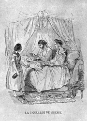 フランス 痛風で寝たきりの人のイラスト。1848年（彫版