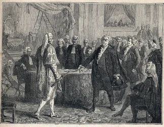 フランス革命-1789年6月23日の総会。ミラボー伯爵オノレ・ガブリエル（Honore-Gabriel）リケティ（1749-1791）の使徒アンリ・エヴラール（Henri-Evrard）、ドリュー・ブリーズ（Dreux-Breze）侯爵（1762-1829）の使徒。1889年のエングレーヴィング。個人蔵。