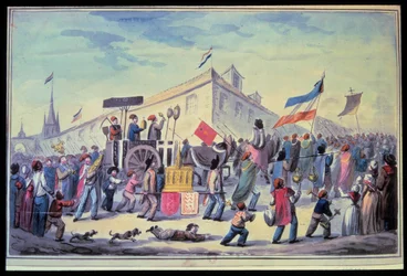 フランス革命。"1793年11月の反宗教的仮面舞踏会" 1793年の匿名の水彩画。パリのアーセナル図書館