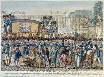 フランス革命：「1791年6月25日、王室のパリ帰還」 コンコルド広場を横切る大隊。18世紀末のフランス派のエングレーヴィング。パリ・カルナヴァレ美術館