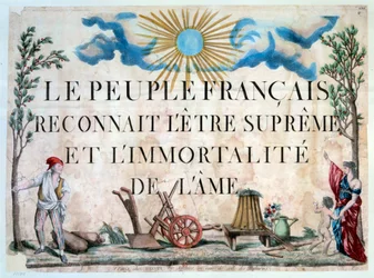 フランス革命"フランス国民は最高の存在と 魂の不滅を認めている"Un sans-panlotte, un arbre de la Liberte, des outils agricoles.1794.パリアーセナルの図書館
