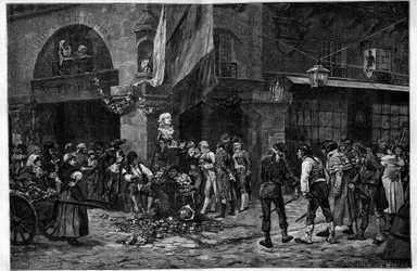 フランス革命。"マラットの胸像をHallesの柱に"。ジャン・ポール・マラット（1743-1793）に敬意を表して、彼の胸像は彼の死後、パリのハレの間に置かれた。ジョルジュ・ジュール・オーギュスト・カイン（1856-1919）が描いた絵の後のエングレーヴィング「The Il