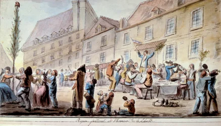 フランス革命：1793年6月、自由を讃える友愛の食事会。リベルテを祝う愛国者とパリジャンたち。自由・平等・友愛」という標語はこの時期に初めて登場した。1793年の水彩画。パリ、アーセナル図書館
