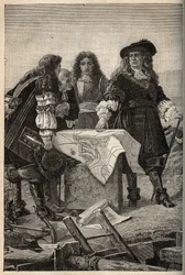 1687年、ルイ14世の要請により、フランス人建築家ヴォーバンがベルフォール（フランス東部）の要塞化計画を作成 - Sebastien Le Prestre de Vauban donnant les plans des fortifications de Belfort - engraving in "PATRIE" - DESCRIPTION PECTUREQU
