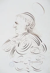 フランスのカリグラフィー。1780年頃、パリのベルナールによるクラポーディン神父の肖像。パリ市の歴史図書館。
