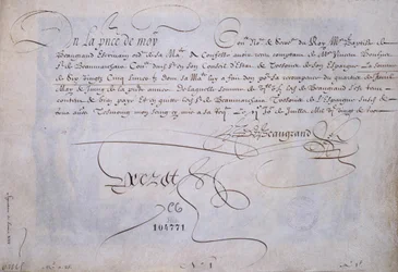 フランスのカリグラフィー。1623年7月2日、ベルナール・ド・ボーグランの好意によるRecu delivre。パリ市の歴史図書館。