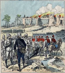 フランスのダホメー（現在のベナン）への遠征。アボメイ前で攻撃隊列を組むドッズ将軍
