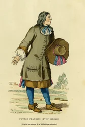 18世紀のフランスの農民の衣装。1882年にパリで出版されたオーギュスタン・チャラメル著『France et les francais a travers les centuries』（F.Roy編集）に掲載されている国立図書館のプリントをもとにしたカラーのエングレーヴィング。セルバ・コレクション。