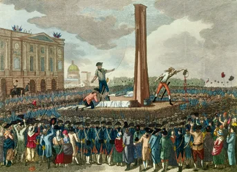 フランス革命：ルイ16世（1754年～1793年）のギロチンによる処刑。フィアスのデッサンによるエングレーヴィング。18世紀。パリ、カルナヴァレ美術館