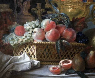 フルーツ花瓶とバスケット (詳細)。 1770年頃（キャンバスに油彩）