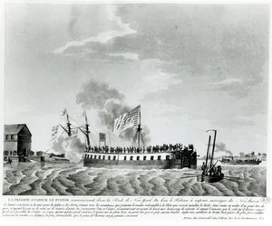 1812年の戦争でニューヨークを防衛するためにロバートフルトンによって設計および製造されたフルトンスチーム駆動の軍艦、フルトンザファースト（19世紀初めの彫刻のbw写真）