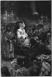 ヨアヒム2世（1791-1878）の葬儀：コンスタンティノープルのエキュメニカル総主教の遺体がファナールの総主教教会にさらされる。彼は司祭服とミトルを身につけている。1878年10月5日付「Le Monde Illustré」1123号に掲載されたエングレーヴィング。
