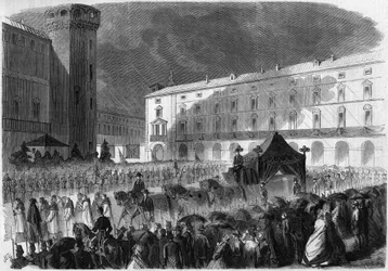 カヴール伯爵の葬儀（1861年6月7日、トリノ）：イタリアの政治家、カヴール伯爵カミッロ・ベンソ（1810-1861）の棺を運ぶ葬儀行列。1861年6月22日付「Le Monde Illustré」219号に掲載されたエングレーヴィング。
