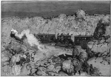 スペイン女王メルセデス・ドルレアン（Maria de las Mercedes de Orleans）（1860-1878）の葬儀：エスクリアル号の葬儀列車。1878年7月20日付「Le Monde Illustré」1112号に掲載されたエングレーヴィング。