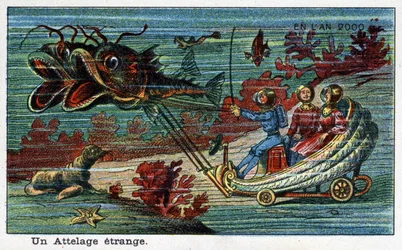 Futuredays:19世紀の2000年のビジョン - シリーズ「2000年に」。奇妙なヒッチ（海中の魚が描くタンク）。ヴィレマールのクロモリトグラフ